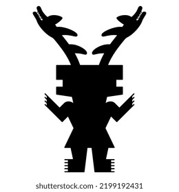 Fantastic character. Ethnic tribal horned man with snake antlers. Native American art of ancient Peru. Chancay Sican culture. Pre Columbian Peruvian design. Black silhouette on white background.