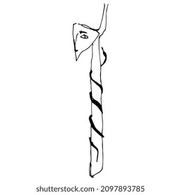 Fantastic character. Human head with long neck entwined with a snake. Hand drawn linear doodle rough sketch. Black ink silhouette on white background. Surreal enigmatic symbol.