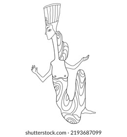 Fantastic character. Seated ancient Egyptian woman or goddess wearing royal tiara. Queen Nefertiti. Black and white linear silhouette.