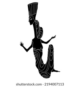 Fantastic character. Seated ancient Egyptian woman or goddess wearing royal tiara. Queen Nefertiti. Black and white negative silhouette.