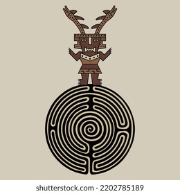 Fantastic character standing on a round spiral maze or labyrinth symbol. Horned man with snake antlers. Native American art of ancient Peru. Chancay Sican culture. Creative concept.