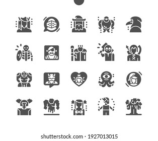 Fantastic characters. Fantasy, personage, person, cute, monster, mythology, magic and fairytale. Princess, wizard, cyclops, gnome, kraken and other. Vector Solid Icons. Simple Pictogram