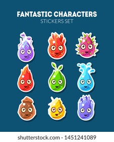 Fantastic Characters Stickers Set, Cute Funny Fantasy Colorful Creatures Vector Illustration