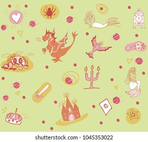Fantastic children's pattern with a phoenix, dragon, castle and mermaids in green tones