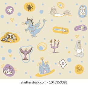 Fantastic children's pattern with a phoenix, dragon, castle and mermaids