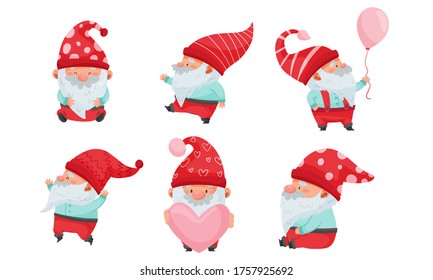 Fantastic Christmas Gnome or Dwarf Character with Red Hat and White Beard Holding Heart and Balloon Vector Set