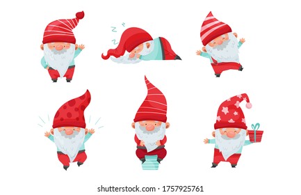 Fantastic Christmas Gnome or Dwarf Character with Red Hat and White Beard Carrying Gift Box and Sleeping Vector Set