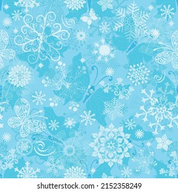 Fantastic Christmas seamless pattern with openwork snowflakes and ice butterflies. Vector