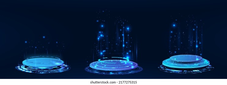 Fantastic Circle holograms, magic portals, futuristic podium, teleporters for show product. 3D futuristic portal with glow and light effects. Sci-fi digital hi-tech fui elements. 3D holograms