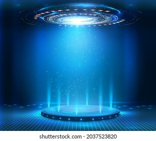 Fantastic Circle portals, holograms teleport gadgets. Sci-fi digital hi-tech elements for presentation. Circle Sci-fi elements with light and lights. Innovation techno background. Vector