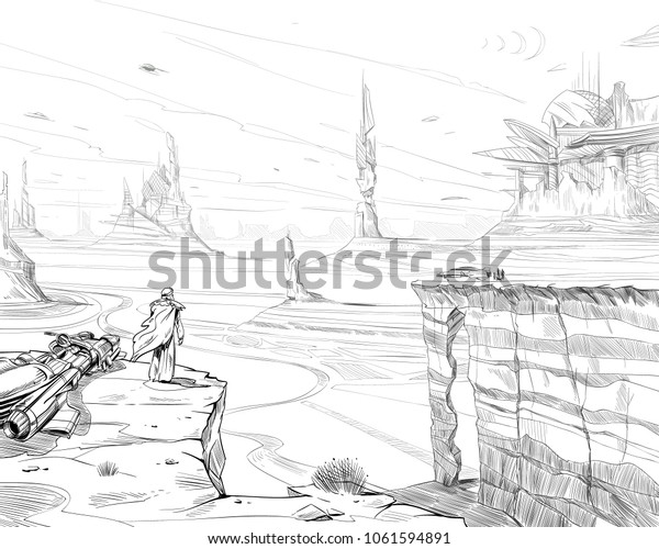 Fantastic city desert. Concept art illustration. Sketch\
gaming design. Fantastic vehicles,mountains, people. Hand drawn\
vector painting. 