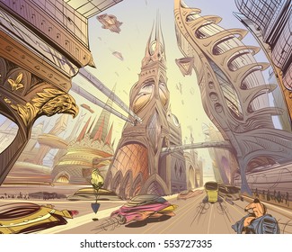 Fantastic city of the future. Concept art illustration. Sketch gaming design. Fantastic vehicles, trees, people. Hand drawn vector painting. 