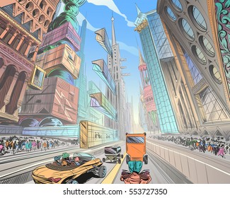 Fantastic city of the future. Concept art illustration. Sketch gaming design. Fantastic vehicles, trees, people. Hand drawn vector painting. 