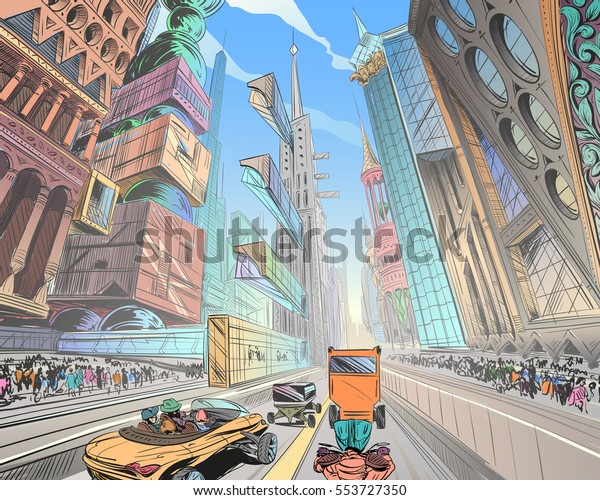 未来の幻想的な都市 コンセプトアートのイラスト ゲームのデザインをスケッチ 乗り物も木も人も 手描きのベクトルペイント のベクター画像素材 ロイヤリティフリー
