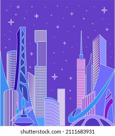 Fantastic city in the night. Vector illustration.