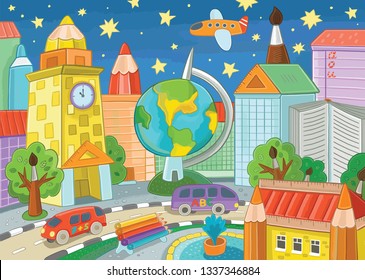 Fantastic city. City of science and education. Illustration of literacy day, at home from books, educational supplies, office. Education design for children