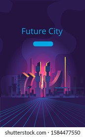 Fantastic city in the style of cyberpunk. Vector illustration in retro style in neon colors. Night city of the future. Banner templat.