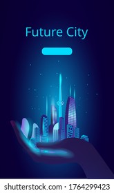 Fantastic city in the style of cyberpunk. Vector illustration in retro style in neon colors. Night city of the future. Banner templat. A modern city in the palm of your hand.