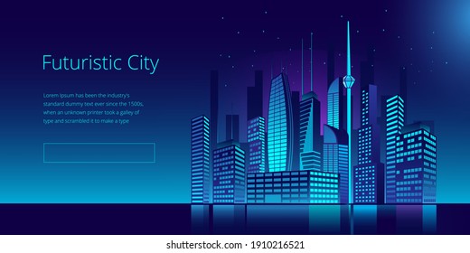 Fantastic city in the style of cyberpunk. Vector illustration in retro style in neon colors. Night city of the future. Template a horizontal banner.