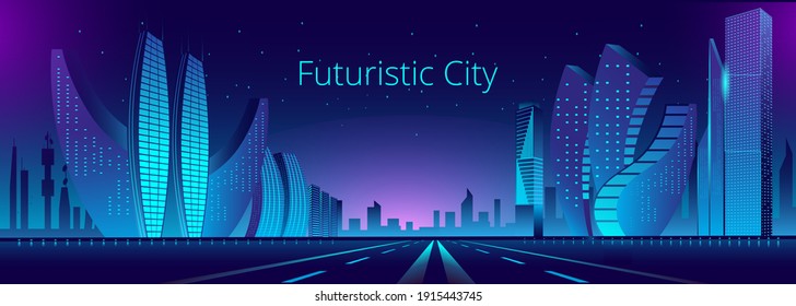 Fantastic city in the style of cyberpunk. Vector illustration in retro style in neon colors. Night city of the future. Template a horizontal banner.