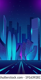 Fantastic city in the style of cyberpunk. Vector illustration in retro style in neon colors. Night city of the future. Vertical banner template for mobile phone screen.