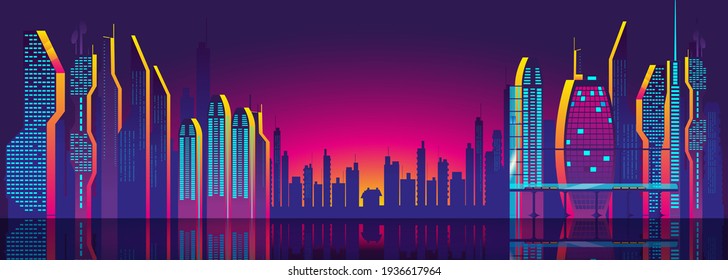 Fantastic city in the style of retro games. Vector illustration in retro style in neon colors. Night city of the future. Horizontal banner template. 