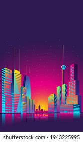 Fantastic city in the style of retro games. Vector illustration in retro style in neon colors. Night city of the future. Vector template for a vertical banner or cover.