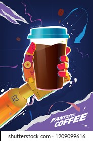 Fantastic coffee. Robot's hand holding coffee cup. Banner template