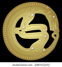 Fantastic coiled dragon. Permian style. Round animal design. Golden glossy silhouette with white pearl beads on black background. Jewelry design.