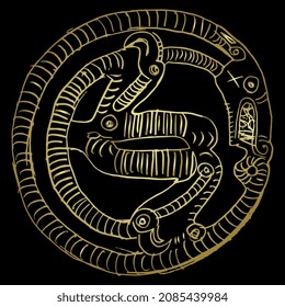 Fantastic coiled dragon. Permian style. Round animal design. Hand drawn linear doodle rough sketch. Golden glossy silhouette on black background.