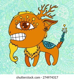 fantastic coined monster - elk with horns and claws all-seeing eye and the seat and doodle zentagl pattern