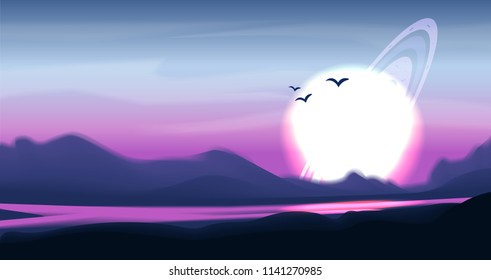 Fantastic colored panorama, fantasy vector landscape. Space vector sci-fi background, gas giant with rings in the sky, fantastic alien landscape. Mountain valley with river and giant sun with rings