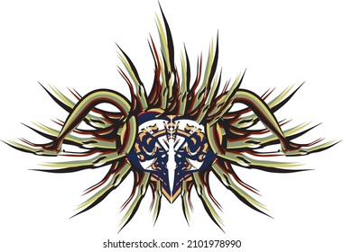 Fantastic colored raven head with spider elements. The terrible festival mask of a crow, similar to a spider for holidays and events, prints and textiles, wallpaper and posters, fabric products, etc.