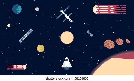 Fantastic colorful background of stars, planets, meteorites, asteroids, satellites and shuttle in flat design