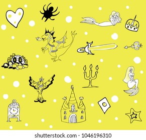 Fantastic colorful children's pattern with a phoenix, dragon, castle and mermaids in gentle black and green tones