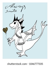 Fantastic colorful dragon with a gold balloon - greeting card