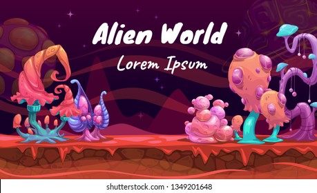 Fantastic colorful glossy mushrooms. Fantasy cartoon alien world landscape. Vector magic planet illustration.