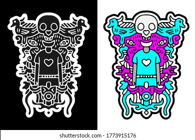 Fantastic colorful monster doodle illustration for poster, sticker, or apparel merchandise.With vaporwave/synthwave style, aesthetics of 80s.