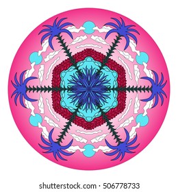Fantastic colorful round pattern with tropical island, red sea, blue beach, purple palm trees and grass, pink sky, sun and white clouds hand drawn in cartoon style 