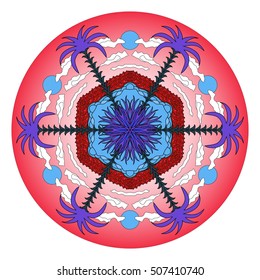 Fantastic colorful round pattern with tropical island, red sea, blue beach, purple palm trees and grass, red sky, blue sun and white clouds hand drawn in cartoon style 
