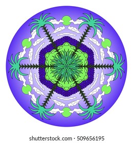 Fantastic colorful round pattern with tropical island, sea, beach, palm trees, grass, sky, sun and clouds hand drawn in cartoon style in purple, green, white and blue colors