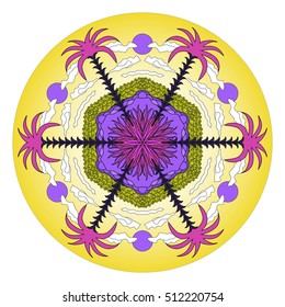 Fantastic colorful round pattern with tropical island, sea, beach, palm trees, grass, sky, sun and clouds hand drawn in cartoon style 