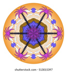 Fantastic colorful round pattern with tropical island, sea, beach, palm trees, grass, sky, sun and clouds hand drawn in cartoon style 