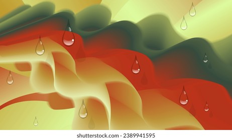 Fantastic colorful wallpaper with 3D effect. Transparent drops against a background of wavy abstract shapes and mixing of colors. Author's work. Vector.