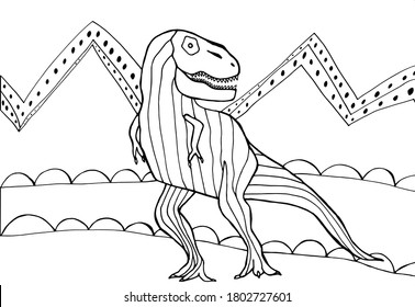 Fantastic coloring page with cute dinosaur and mountains. Vector stock illustration. Anti stress coloring book for children and adults.Velociraptor hand drawn sketch.