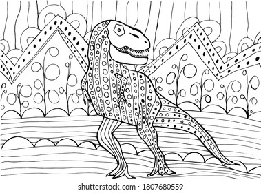 Fantastic coloring page with cute  dinosaur and gigantic flowers. Vector stock illustration. Anti stress coloring book for children and adults.Velociraptor and mountains hand drawn sketch.