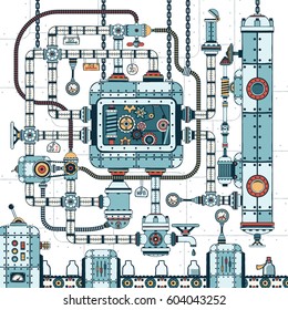 A fantastic complex steampunk machine made of interlocking pipes, cables, devices and accessories. Conveyor for filling bottles with liquid. Colored Vector illustration.