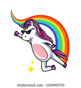 Fantastic Cool Flying Cartoon Unicorn With Rainbow And Stars On White. Vector Isolated Illustration