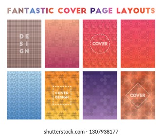 Fantastic Cover Page Layouts. Adorable geometric patterns, positive vector illustration.