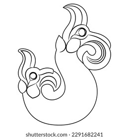 Fantastic creature with two heads. Nomadic Scythian Iron Age Pazyryk culture. Black and white linear silhouette.
